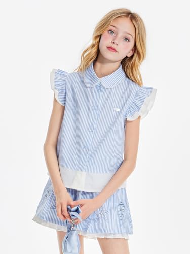 Girls Blue Ruffle Sleeve T-Shirt with Ocean Embroidery, Striped Summer Tops Fashion Tees for Girls Size6-163