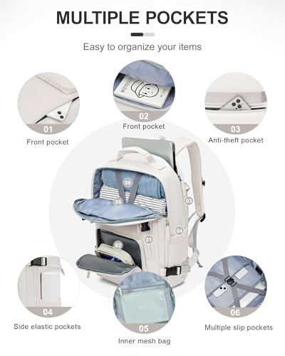 Travel Backpack for Women Men, Waterproof Carry on Backpack for Flight Approved Personal Item Bag, Business Laptop Backpack with USB Charging for Hiking Gym with Shoe Compartment Casual Daypack White4