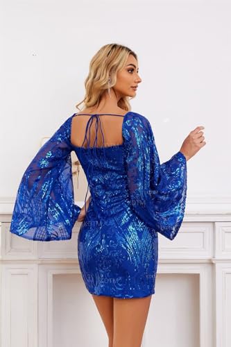 KDTM Long Sleeve Sequin Homecoming Dresses for Teens 2025 Sparkly Mini Bodycon Square Neck Formal Prom Cocktail Dress2