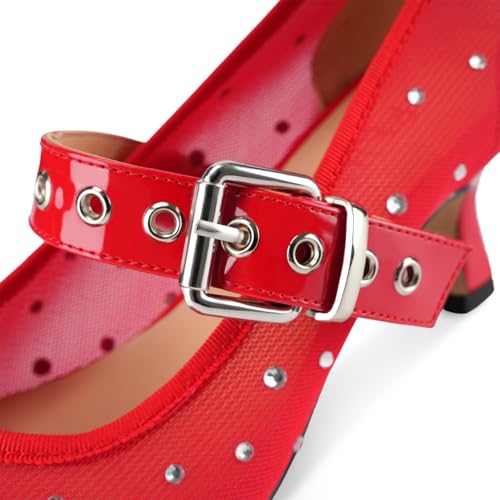 Image of Women's Mesh Closed Pointed Toe Heels Rhinestone Ankle Strap Buckle Kitten Heeled Mary Jane Pumps Dressy Prom Wedding Sandals Shoes 2 inch
