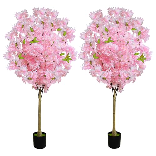 2 Pack Artificial Cherry Blossom Tree,4FT Faux Cherry Blossom Plant in Pot with Pink...