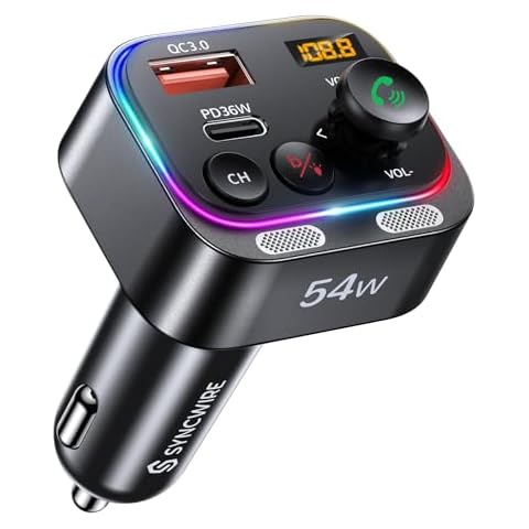 Syncwire Bluetooth 5.4 FM Transmitter Car Adapter 54W (PD 36W & 18W) [Stronger Dual Mics] [Light Switch] [HiFi Bass Sound] [Fast Charging] Wireless Radio Receiver Hands-Free Calling LED Display Cover