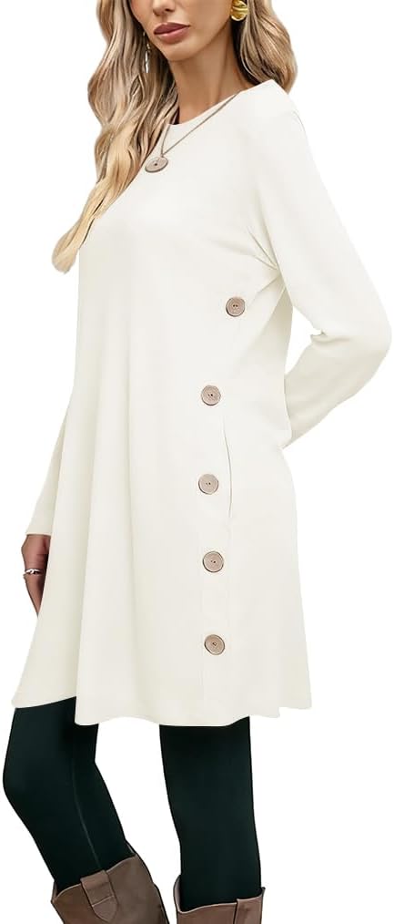 Poetsky Womens Tunic or Tops to Wear with Leggings Long Sleeve Side Buttons Swing Casual Long Shirts with Pockets S-3XL - Image 3