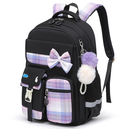 Alrisg Girls School Backpack Preppy Plaid Bookbag Lightweight Backpack for Girls Elementary Middle School Bow Black