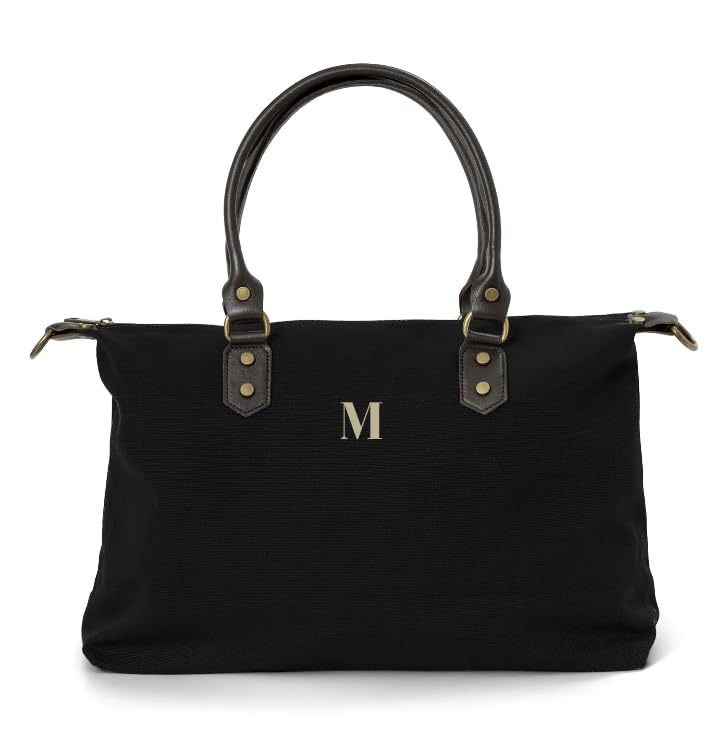 Bolso Leonardo Belorias Negro Personalizable con Iniciales Bordadas, con Asas de Piel Marrón, 47x32 cm, Incluye Correa Marrón