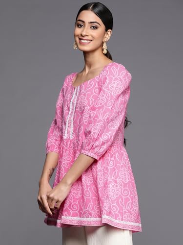 Image of Gerua Printed Cotton Blend A Line Kurti Suit Pink