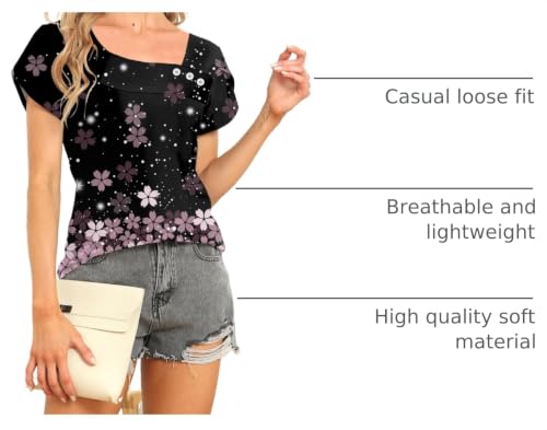 Image of Womens Petal Sleeve Tops Summer Trendy T Shirt Casual Loose Square Neck Button Blouse Tees