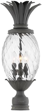 Hinkley Plantation Large Post Top or Pier Mount Outdoor Lantern, Aluminum, Inside Etched Amber Optic Glass Shade, Pineapple Theme, Museum Black Finish