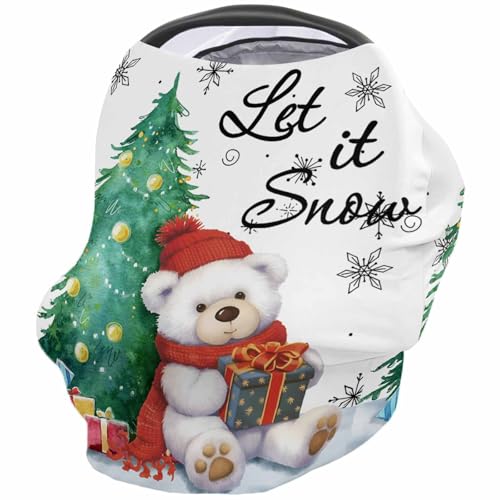 Nursing Cover for Breastfeeding Scarf, Polar Bear Doll Watercolor Christmas Tree Snow Baby Car Covers Super Soft Multi Use for Canopy Shopping Cart Cover Blanket Stroller Cover