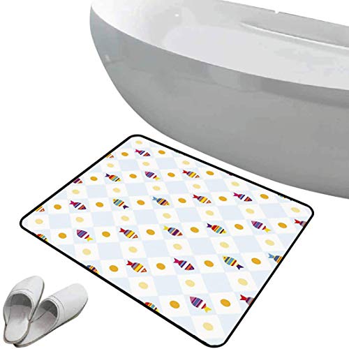 Alfombra de baño antideslizante Dibujos animados suave antideslizante Dibujos animados de peces con temática de acuario con manchas y líneas Fondo geométrico Lámina,multicolor Para ducha Felpudo Dormi