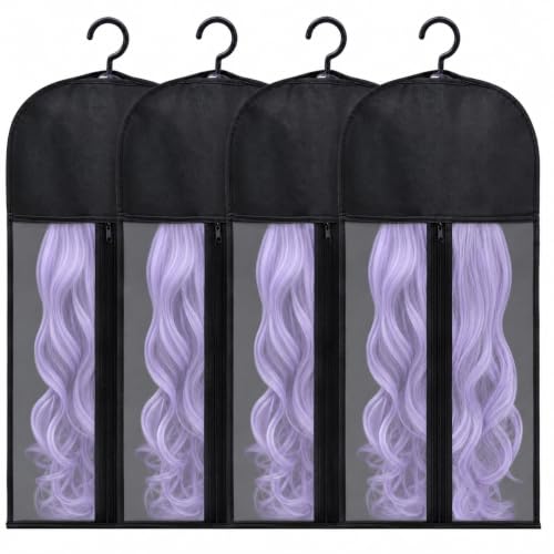 Hadwoer 4-Pack Hair Extension Holder - Wig Storage Bags with Hanger for Multiple Wigs Dust-proof Ideal for Hair Extensions & Accessories