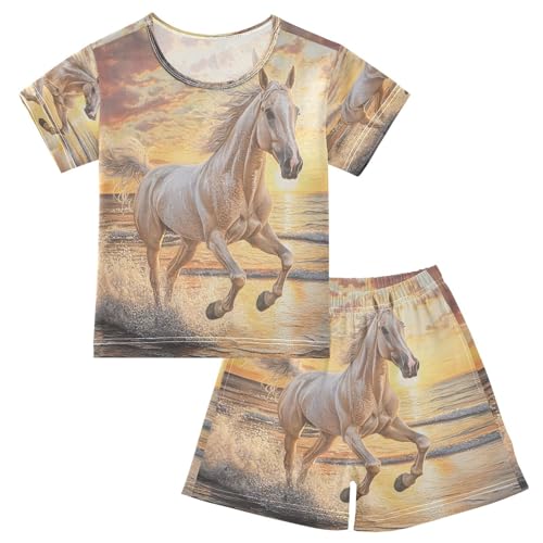 ALAZA Running Horse Ocean Beach Pajamas Set Short Sleeve Cotton Sleepwear Summer Pjs 2 Piece 5-14Y