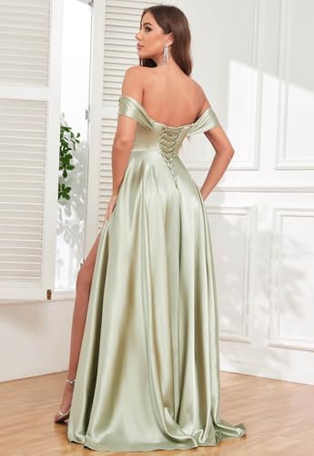 Image of SOLODISH Off The Shoulder Satin Prom Dresses for Women Long Formal Evening Party Dress with Slit