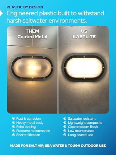 Image of KASTLITE Outdoor LED Bulkhead Light Fixture, 9.5W Energy Star 5000K Oval Wall Mount Nautical Lighting, Rust-Proof Polycarbonate Build for Wet Locations, Porch Patio Dock & Exterior Lights, FE101 /Black
