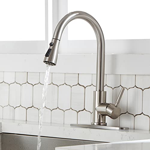 Vapsint High Arc Single Handle Brushed Nickel Kitchen Faucet With Pull Down Sprayer,Commercial Modern Stainless Steel Kitchen Sink Faucet,Deck Mount Single Hole Pull Out Faucet For Kitchen Sink #TOP1