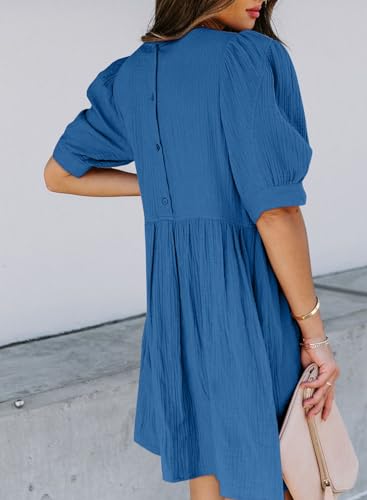 Image of Dokotoo Womens Summer Crewneck Puff Sleeve Babydoll Elegant Empire Waist Mini Swing Skater Dresses with Pockets
