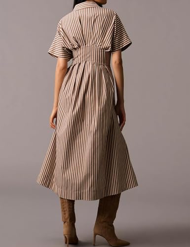 Women's Striped Button Front Pleated Maxi Shirt Dress Short Sleeve Collar V Neck Summer Casual Corset Long Dress2