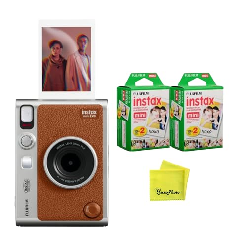 Image of Fujifilm Instax Mini EVO Instant Camera (Brown) w /BuzzPhoto Microfiber Cleaning Cloth and 2 Twin Packs Mini Instant Film