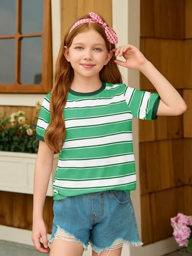 Image of Haloumoning Girls Striped Short Sleeve T Shirts Kids Summer Casual Tops Crewneck Tees Blouses 5-14Y
