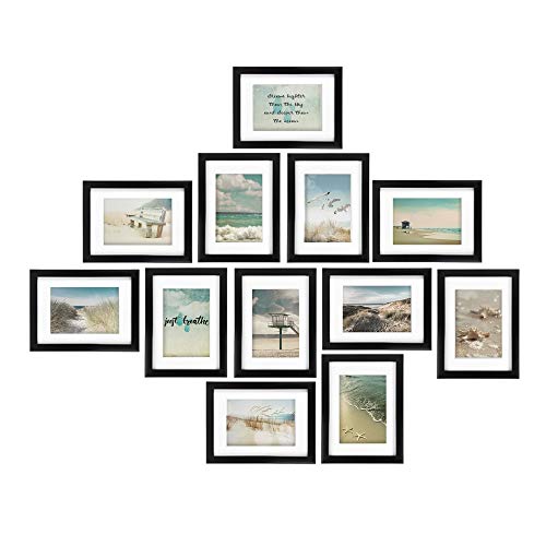 bomoe Ocean Juego de Marcos de Fotos 12 Piezas 12x 13x18 cm con Paspartú - Decoración Mural Marcos de Fotos de Madera y Cristal de Plástico - Marcos Fotos Negro Cover