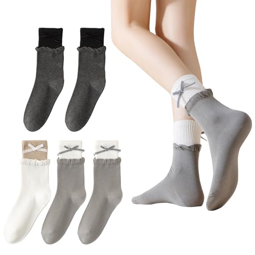 Image of Yomutiur Crew Socks for Women, Double Ribbed Sock Cuff with Cute Bow Sweet Cotton Rolled Socks Odor-resistant