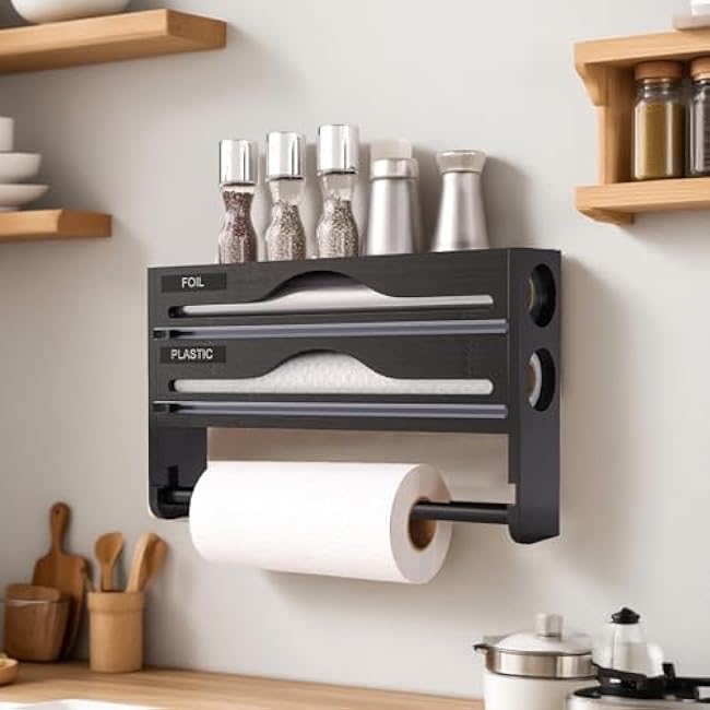 Bambooplasticwrap Cutter, Wall-Mounted Foil Dispenser, Cling Film And Aluminum Foil Organizer, With With Cutter, Reusable Design, 35.2x21.01x7.01cm, For Wrapping