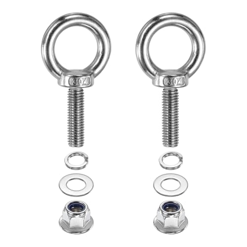 Image of PATIKIL M10 x 35mm Shoulder Eye Bolt, 2 Pcs 304 Stainless Steel Lifting Ring Threaded Eye Bolt with Flange Lock Nuts Spring and Flat Washers for Hanging Tie Down Straps Outdoor Indoor