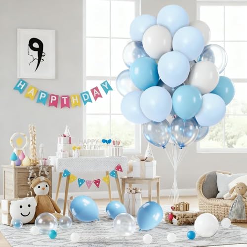 Image of Blue White Clear Balloon, 30pcs 12 Inch Dusty Blue Balloons Macaron Light Blue Matte White Transparent for Gender Reveal Bridal Baby Shower Birthday Party Decorations