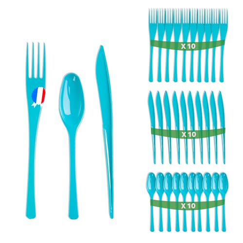 Set 30 couverts turquoise - Fabriquée en France - Ménagère bleue de 10 fourchettes, 10 couteaux, 10 cuillères - Réutilisables et recyclables - Passe au...