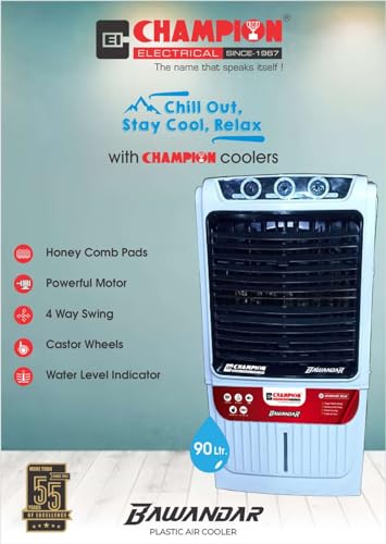 Image of Champion Bawandar Air Cooler for home| Powerful Motor Honey Comb Pads 4 Way Swing Castot Wheels Water Level Indicator 1Yr Warranty| 3-Speed Control White Cooler for Room For 90-liter