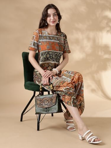 Image of HELLCAT Womens Floral Printed Olive Shoulder Straps Dress | Western A-Line V Neck Midi Dress for Womens