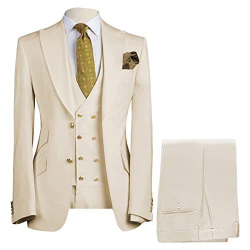 Men Jacket Vest Pant Profession Business Suit Single Breasted Two Buttons Wedding Tuxedo Sets Annual Party Prom Blazer (Apricot,Medium,5,Oz) #TOP11