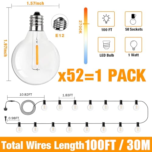 SUWIN Outdoor String Light 100FT/30M, Waterproof Festoon Lights Outdoor with 50+2 LED Bulbs - Image 4