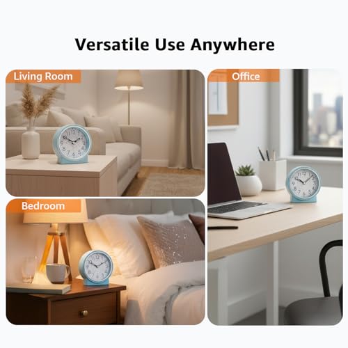 Image of Amazon Basics Analog Table Clock with Alarm and Snooze, Silent Operation, Manual Brightness, ABS, Light Blue, Battery Operated Design for Home, Desk or Office Use (Size: 11.5 x 12.4 x 5.4 cm)
