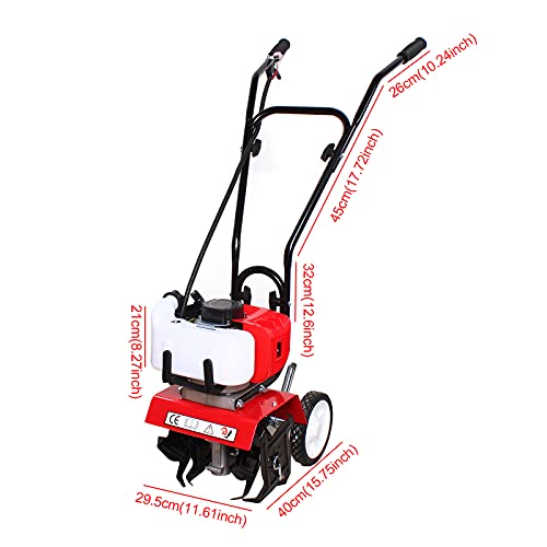 Gas Mini-Tiller Cultivator,52CC 2-Stroke Single-Cylinder Gasoline Powered Tiller, High Efficiency Plant Garden Tilling Tool with Air Cooling Cdi for Ploughing, Furrowing and Weeding 6500rpm