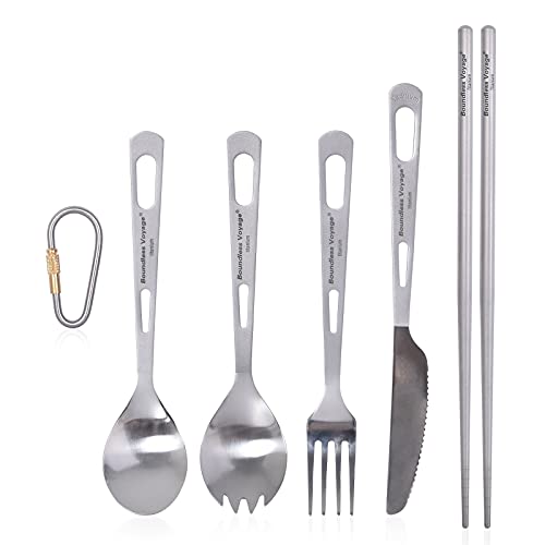 iBasingo 5-Piece/Set Titanium Cutlery Set Camping Spork Chopsticks Spoon Fork Outdoor Picnic Flatware Travel Utensils Set Ti1053T