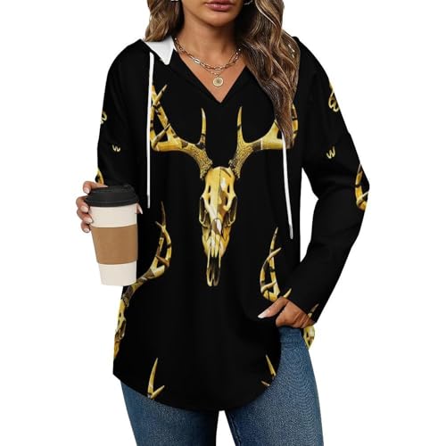 Womens Bodysuit Gold Hunting Deer Head Camoflauge T Shirts Long Sleeve Hoodie V Neck Pullover Tops, 2026