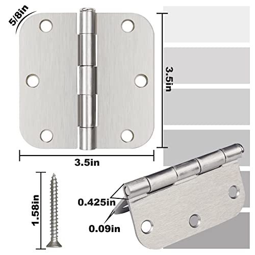 Door Hinges, Brushed Nickel 3.5 X 3.5 Inch Interior 3 1/2 Inch Silver Door Hinges Rounded 5/8" Radius Corners Iron Bifold Residential Hinges For Doors Hardware (3 Pack) #TOP1