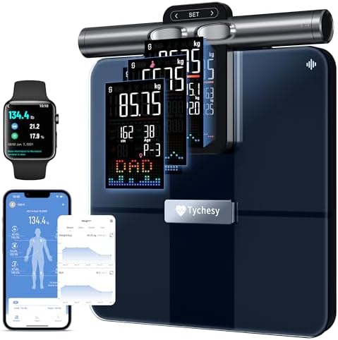 Tychesy Körperfettwaage mit Handsensoren, 8 Elektroden Digitale Waage mit Körperfett und Muskelmasse, BMI, und 50+ Körpermesswerte, Personenwaage mit Körperfettanalyse, Vollfarb-Di