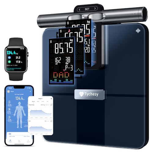 Tychesy Körperfettwaage mit Handsensoren 8 Elektroden Digitale Waage mit Körperfett und Muskelmasse BMI und 29 Körpermesswerte Personenwaage mit Körperfettanalyse Vollfarb-Display am Griff 180kg