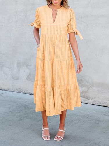 Image of Theenkoln Womens Casual Midi Dress: Short Sleeve V-Neck Empire Waist Gingham Spring Fashion Long Trendy Tiered Formal Dresses