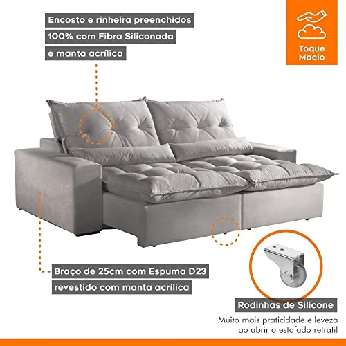 Sofá Retrátil e Reclinável 4 Lugares 250cm Avalon Super Pillow Montano Estofados Veludo Cinza