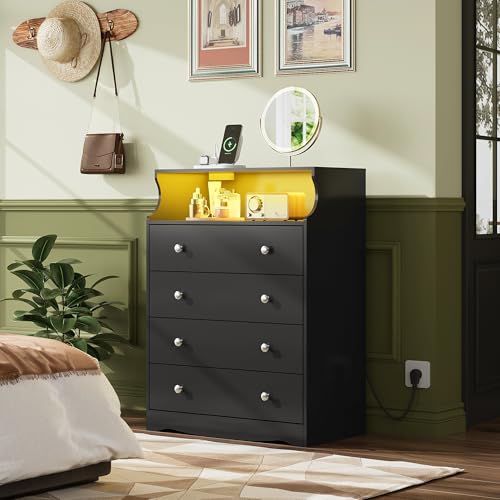 WLIVE Black LED Dresser for Bedroom, Tall Wood Dresser with 4 Drawers and Open Shelf, Chest of Drawers with Charging Station and LED Lights for Living Room, Hallway, Closet