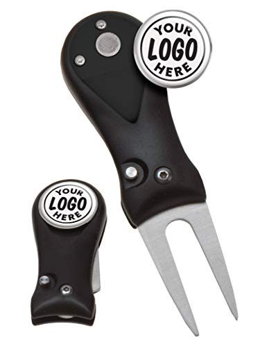 Clip Wipes Golf Divot Tool Custom Logo | Switchblade Style | (5) 1' Logo Golf Ball Marker | Personalized (Black)