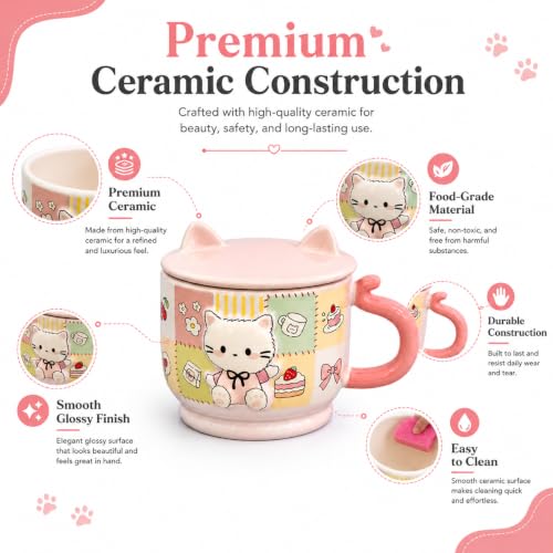 Image of Vasukie Cute Kitty Ceramic Coffee Mug with Cat Ears Lid & Tail Handle | 3D Patchwork Kitten Tea Cup for Milk, Soup, & Hot Cocoa | Kawaii Pastel Pink Drinkware Gift for Cat Lovers (Pink)