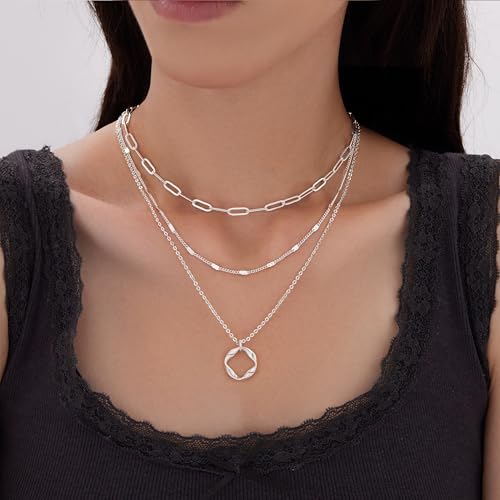 Poxtex Silver Layered Necklaces For Women,925 Sterling Silver Dainty Stackable Choker Necklaces For Women,Trendy Layering Circle Paperclip Chain Pendant Necklace Set Jewelry Gifts For Women thumb #1