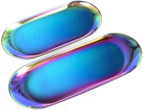 2 Pack Different Sizes of Stainless Steel Decorative Tray Dresser,Any Match,Oval Cosmetic Jewelry Storage Tray Perfume Tray Candle Tray Key Tray Gold Tray Stainless Steel Towel Tray（Gradient Color）