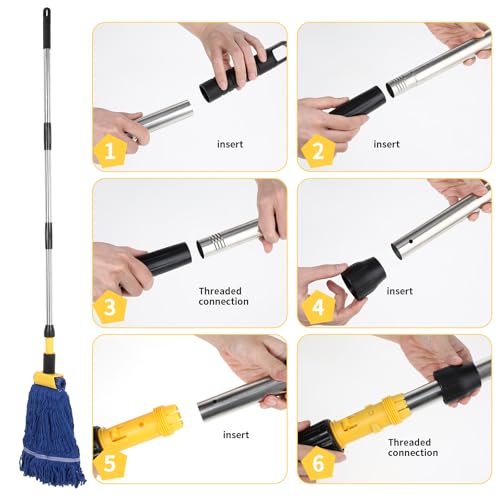 Image of Commercial Mop, Looped-End String Industrial Mop, Heavy Duty Mops with 2 String Mop Heads for Floor Cleaning, Blue and Yellow
