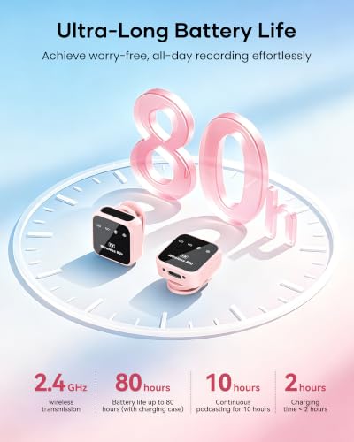 Image of Wireless Lavalier Microphone for iPhone iPad Android with Charging Case 80h Battery Life, Noise Cancellation, 164ft Range Plug-Play Clip On Lapel Mic for YouTube, Video Recording, Vlog (Pink)