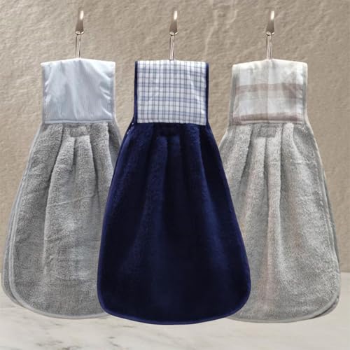 Image of Hand Towel with Loop | 600 GSM | Hanging Napkin for Wash Basin, Kitchen Sink, Bathroom| Pack of 3 in (Navy, Cream, and Grey) | Assorted